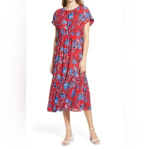 Halogen Nordstrom Floral Print Red Blue Casual Flowy Ruffle Midi Dress- Size XS